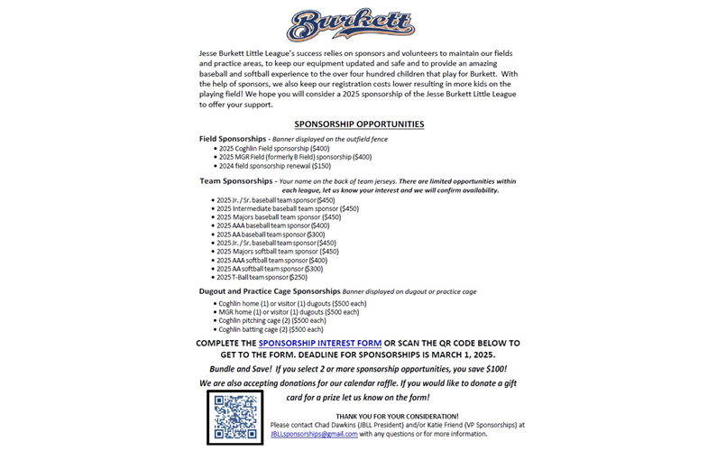 Would you like to be a Burkett sponsor???